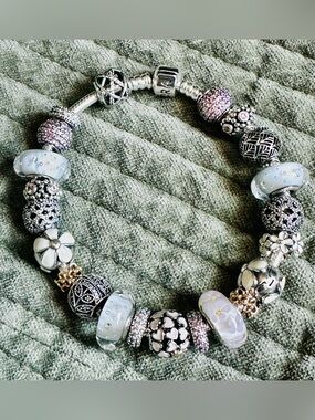 Pandora Silver Bracelet with Pink and White Floral Murano Beads